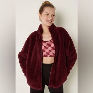 PINK Sherpa Jacket, Teddy Full Zip Burgundy Red Jacket Coat